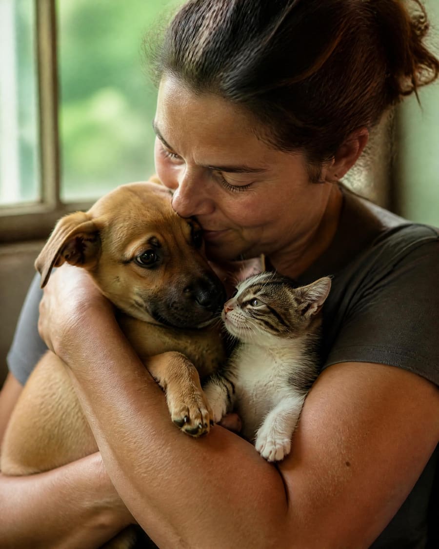 A rescue caregiver holding a rescued puppy and a kitten